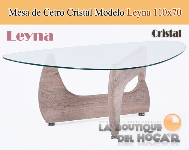Mesa de centro fija Cristal templado con patas imitación Roble Modelo Leyna 110x70cm