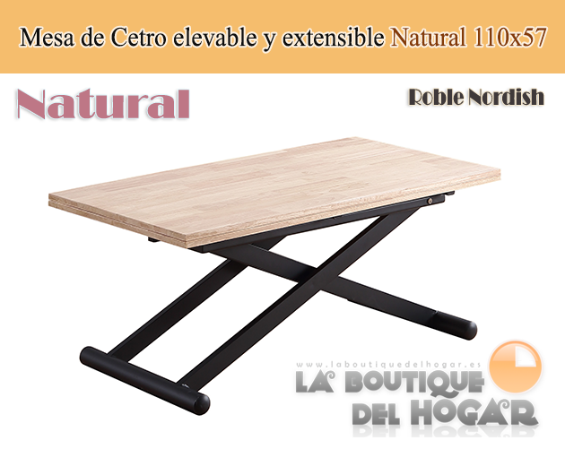 Mesa de centro elevable y extensible negra con patas metálicas y tablero de Roble Nordish Modelo Natural