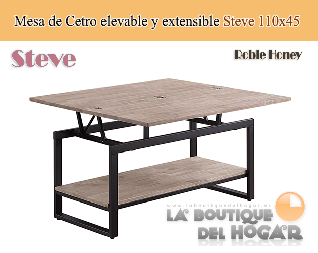 Mesa de centro elevable y extensible negra con patas metálicas y tablero de Roble Honey Modelo Steve
