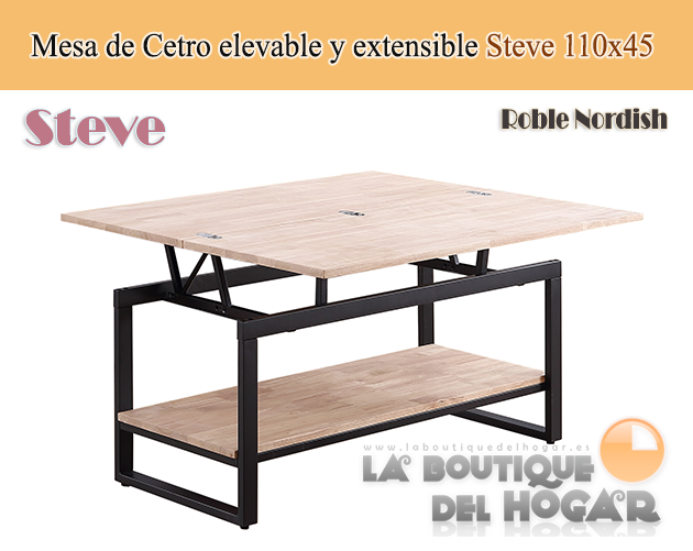 Mesa de centro elevable y extensible negra con patas metálicas y tablero de Roble Nordish Modelo Steve