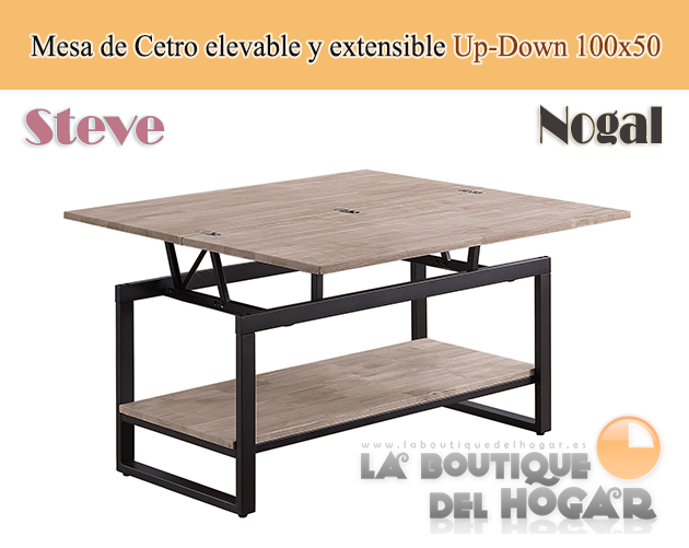 Mesa de centro elevable y extensible negra con patas metálicas y tablero de Nogal Modelo Up-Down