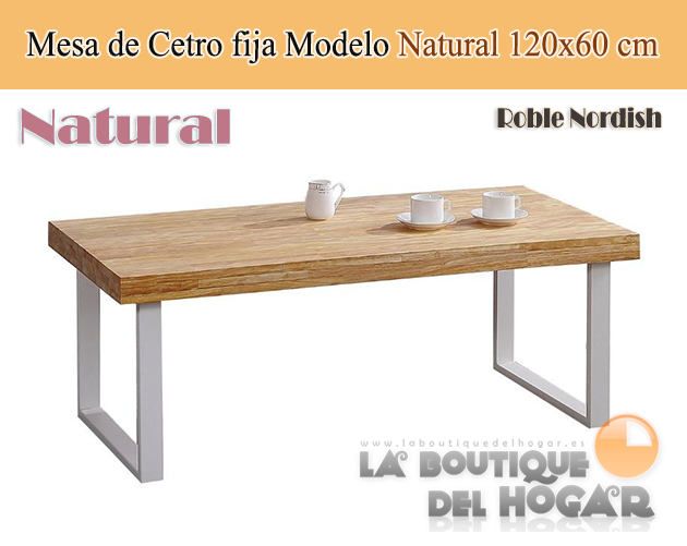 Mesa de centro fija blanca con patas metálicas y tablero de Roble Nordish Modelo Natural