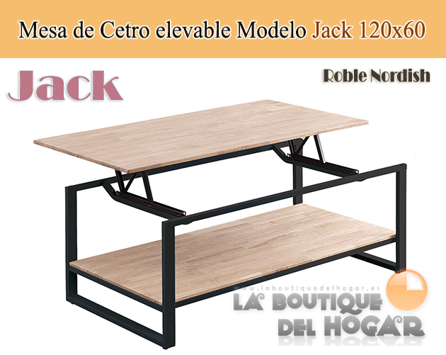 Mesa de centro elevable negra con patas metálicas y tablero de Roble Nordish Modelo Jack
