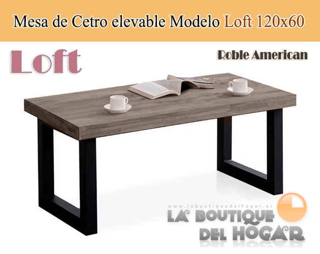 Mesa de centro elevable negra con patas metálicas y tablero de Roble American Modelo Loft