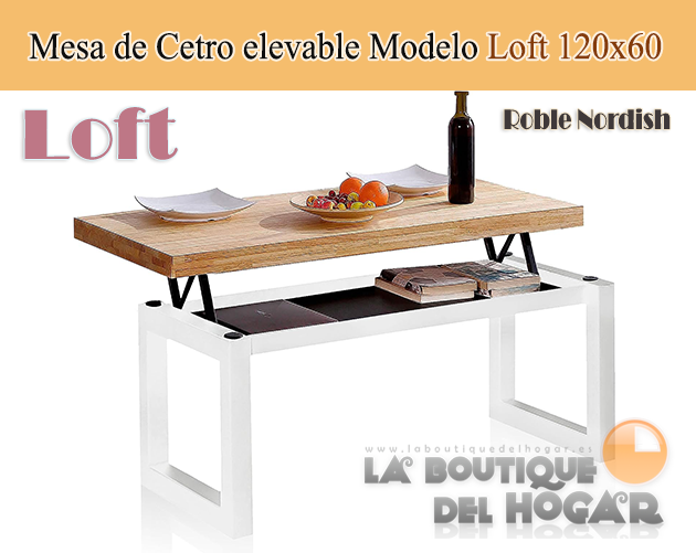 Mesa de centro elevable blanca con patas metálicas y tablero de Roble Nordish Modelo Loft