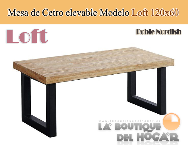 Mesa de centro elevable negra con patas metálicas y tablero de Roble Nordish Modelo Loft