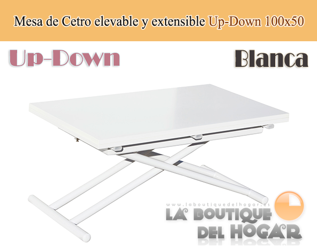 Mesa de centro elevable y extensible negra con patas metálicas y tablero Blanco Modelo Up-Down