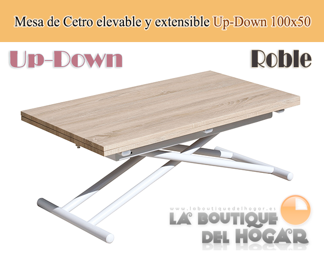 Mesa de centro elevable y extensible blanca con patas metálicas y tablero de Roble Modelo Up-Down