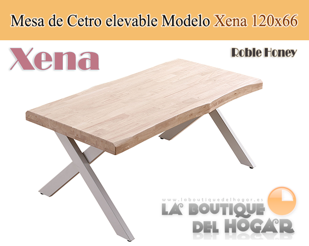 Mesa de centro elevable blanca con patas metálicas y tablero de Roble Nordish Modelo Xena