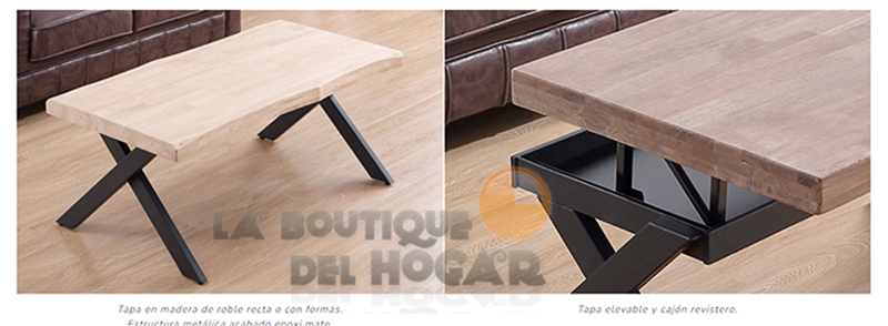 Mesa de centro elevable negra con patas metálicas y tablero de Roble Nordish Modelo Xena