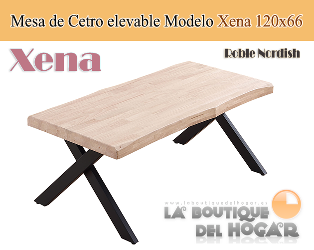 Mesa de centro elevable negra con patas metálicas y tablero de Roble Nordish Modelo Xena