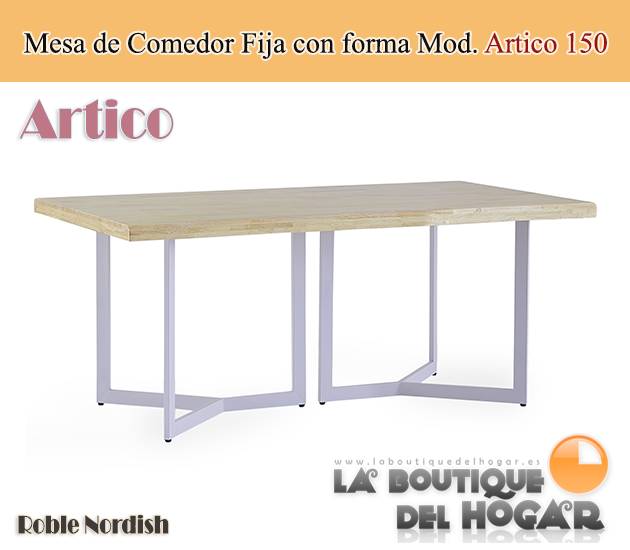 Mesa de comedor fija blanca con patas metálicas y tablero de Roble Modelo Artico
