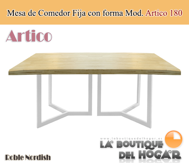 Mesa de comedor fija blanca con patas metálicas y tablero de Roble Modelo Artico