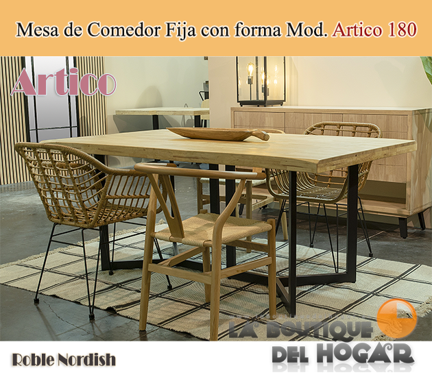 Mesa de comedor fija negra con patas metálicas y tablero de Roble Modelo Artico