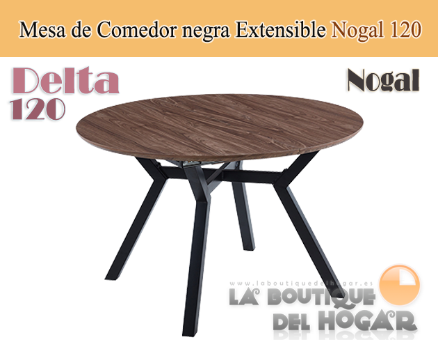 Mesa de comedor extensible negra con patas metálicas y tablero de Roble Nogal Modelo Delta