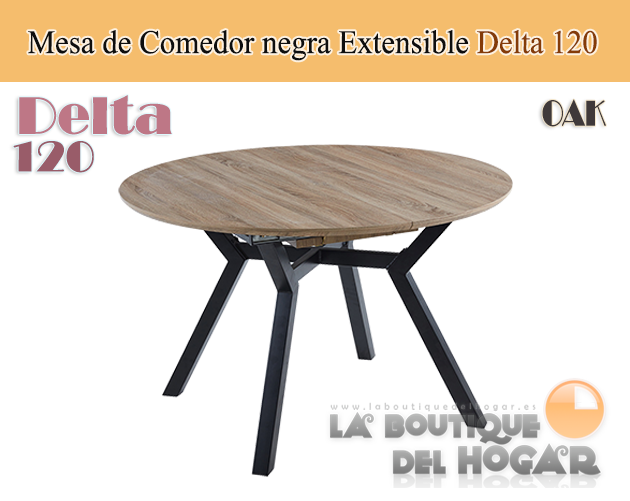 Mesa de comedor extensible negra con patas metálicas y tablero de Roble Nordish Modelo Delta