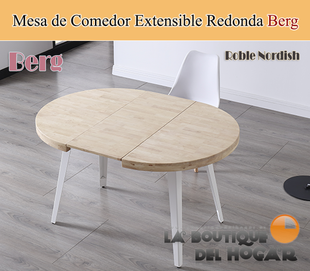 Mesa de comedor extensible blanca con patas metálicas y tablero de Roble Nordish Modelo Berg