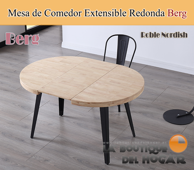 Mesa comedor redonda extensible industrial SKADI. Mesa de 100 cm diámetro  en Roble Nordish y patas negra