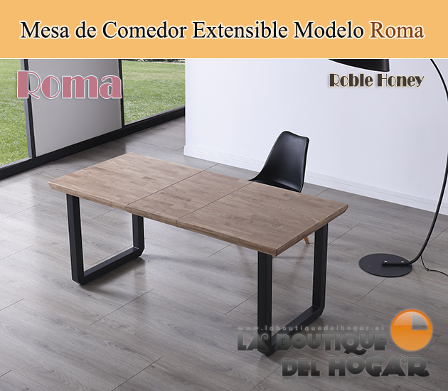 Mesa de comedor extensible negra con patas metálicas y tablero de Roble Honey Modelo Roma
