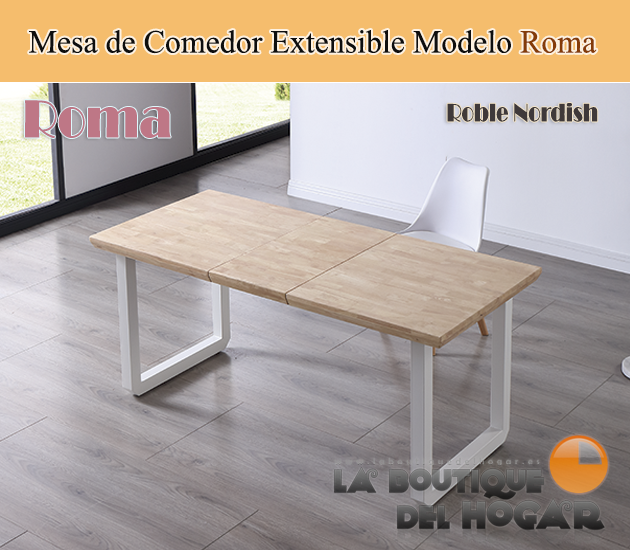 Mesa de comedor extensible blanca con patas metálicas y tablero de Roble Nordish Modelo Roma