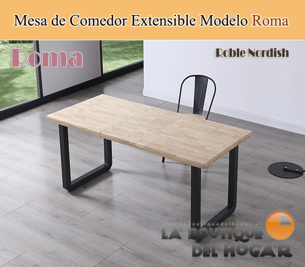 Mesa de comedor extensible negra con patas metálicas y tablero de Roble Nordish Modelo Roma