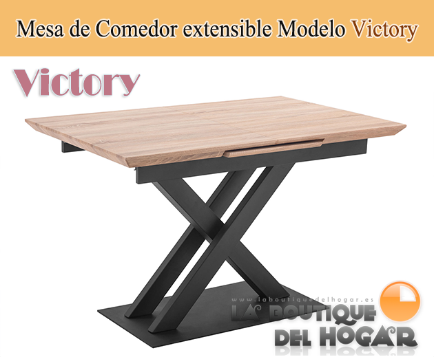 Mesa de comedor extensible negra con patas metálicas y tablero de Roble Modelo Victory