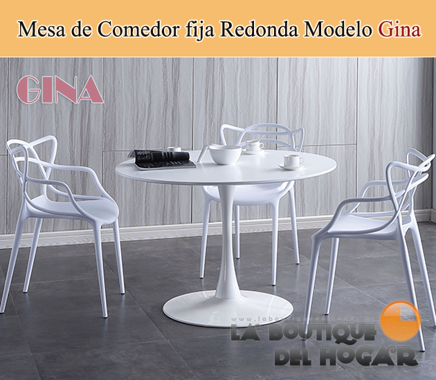 Mesa de comedor Redonda fija blanca con peana metálica y tablero DM Modelo Gina