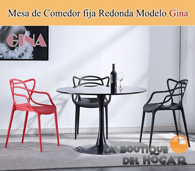 Mesa de comedor Redonda fija negra con peana metálica y tablero DM Modelo Gina