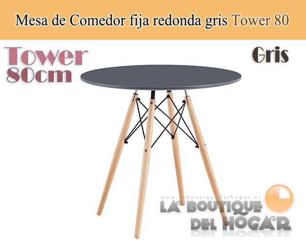 Mesa de comedor Redonda fija con patas en madera de haya y tablero DM Gris Modelo Tower 80cm