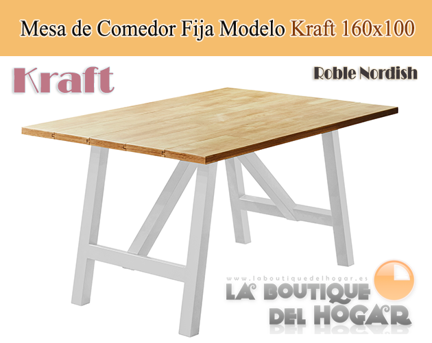 Mesa de comedor fija blanca con patas metálicas y tablero de Roble Modelo Kraft