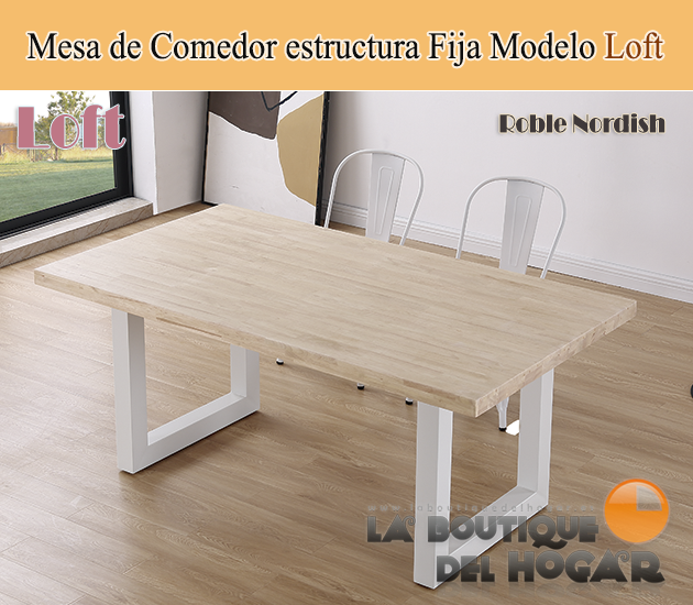 Mesa de comedor fija blanca con patas metálicas y tablero de Roble Modelo Loft