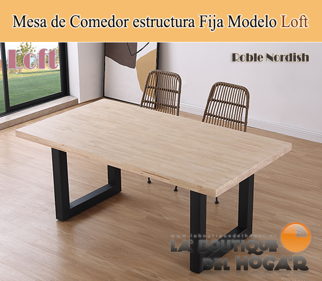 Mesa de comedor fija negra con patas metálicas y tablero de Roble Modelo Loft