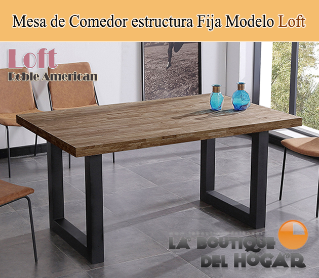 Mesa de comedor fija negra con patas metálicas y tablero de Roble Modelo Loft