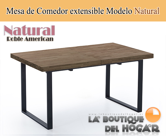 Mesa de comedor extensible negra con patas metálicas y tablero de Roble American Modelo Natural