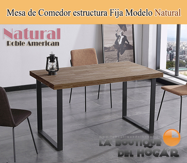 Mesa de comedor fija negra con patas metálicas y tablero de Roble Modelo Natural