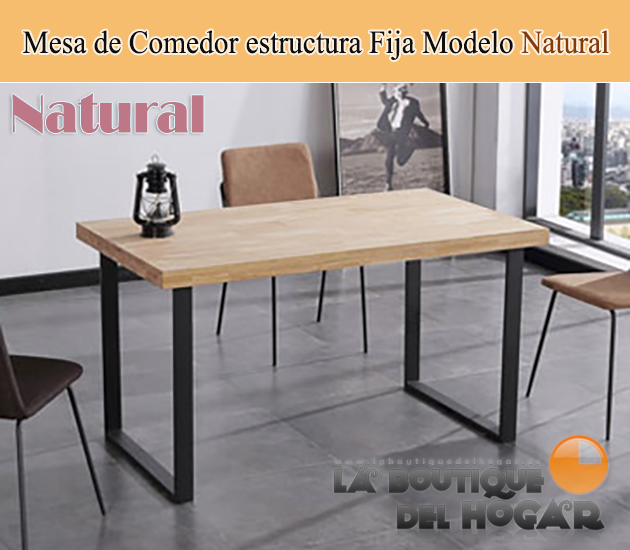 Mesa de comedor fija negra con patas metálicas y tablero de Roble