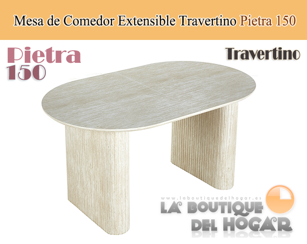 Mesa de comedor Oval extensible con tablero Travertino Modelo Pietra 150
