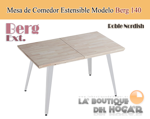 Mesa de comedor extensible blanca con patas metálicas y tablero de Roble Nordish Modelo Berg