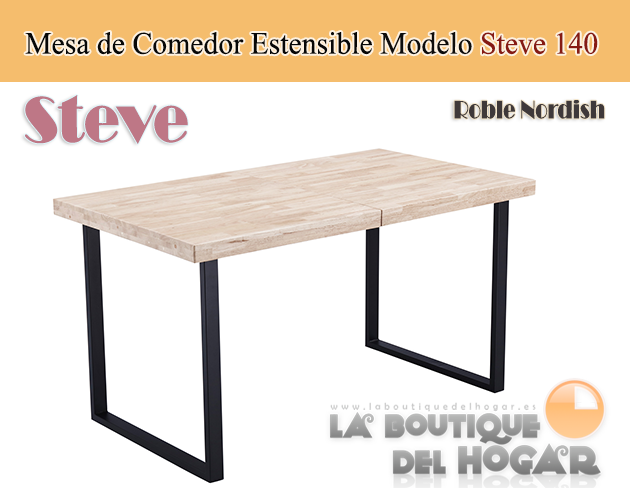 Mesa de comedor extensible negra con patas metálicas y tablero de Roble Nordish Modelo Steve