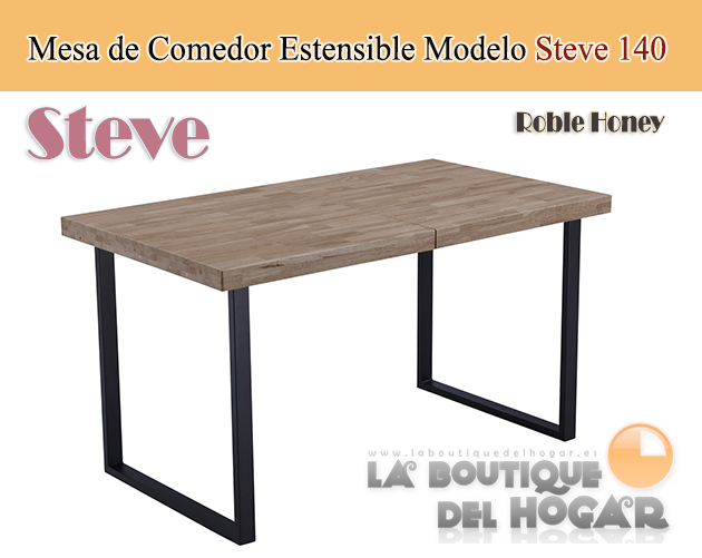 Mesa de comedor extensible negra con patas metálicas y tablero de Roble Honey Modelo Steve