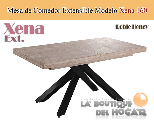Mesa de comedor extensible negra con patas metálicas y tablero de Roble Honey Modelo Xena