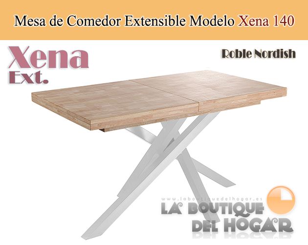 Mesa de comedor extensible blanca con patas metálicas y tablero de Roble Nordish Modelo Xena