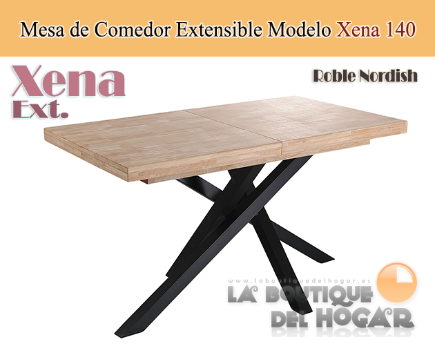 Mesa de comedor extensible negra con patas metálicas y tablero de Roble Nordish Modelo Xena