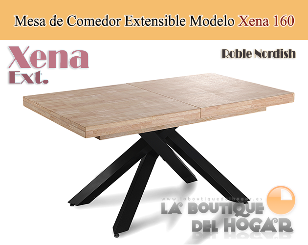 Mesa de comedor extensible negra con patas metálicas y tablero de Roble Nordish Modelo Xena