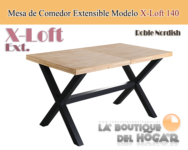 Mesa de comedor extensible negra con patas metálicas y tablero de Roble Nordish Modelo X-Loft