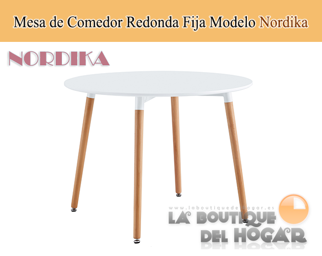 Mesa de comedor redonda fija con patas de madera y tablero DM Blanco Modelo Nordika 100