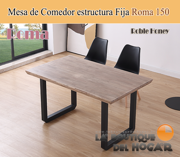 Mesa de comedor fija negra con patas metálicas y tablero de Roble Honey Modelo Roma 150