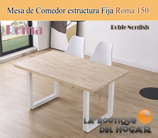 Mesa de comedor fija negra con patas metálicas y tablero de Roble Nordish Modelo Roma 150