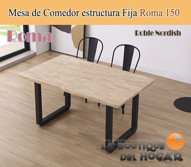Mesa de comedor fija negra con patas metálicas y tablero de Roble Nordish Modelo Roma 150