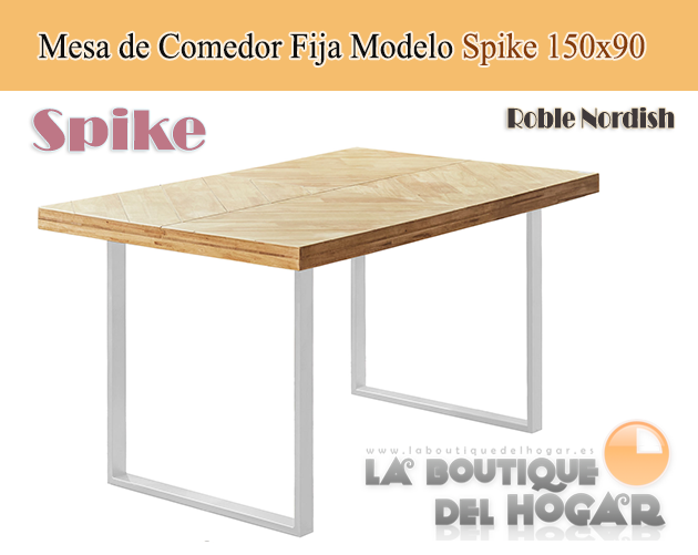 Mesa de comedor fija blanca con patas metálicas y tablero de Roble Modelo Spike